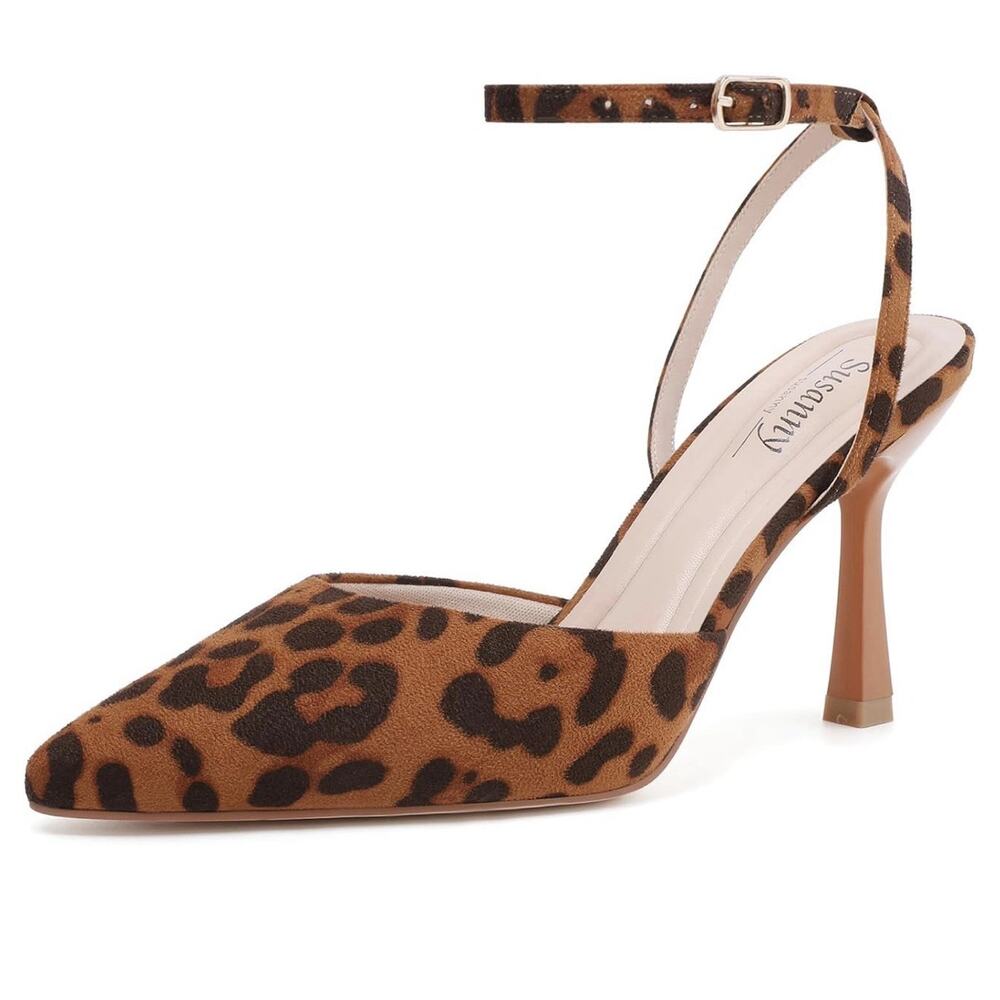 Closed Toe Ankle Strap Heels Pumps Pointed Toe Heeled Sandals Brown Leopard 7.5‎